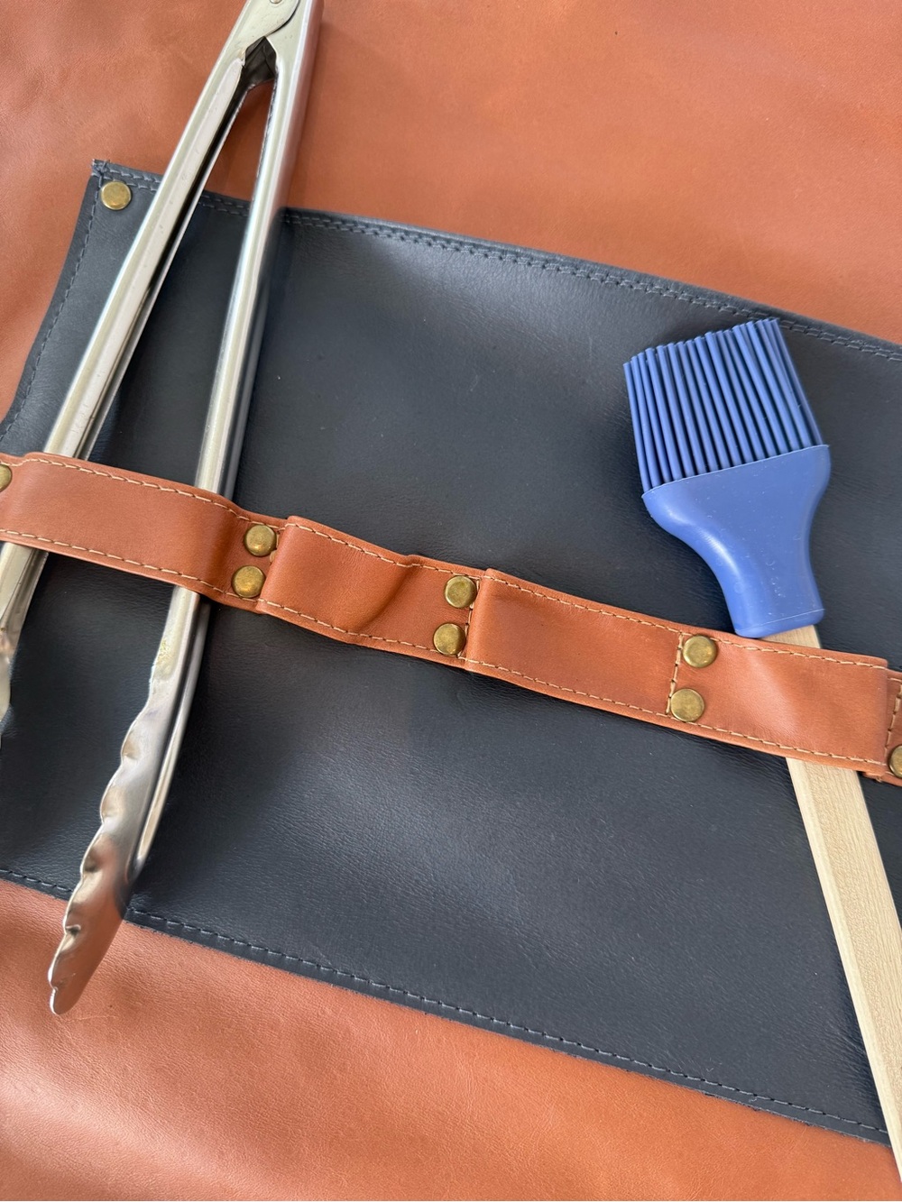 Marieti.c Leather BBQ Apron in Brown with Navy Straps - Picture 6 of 10